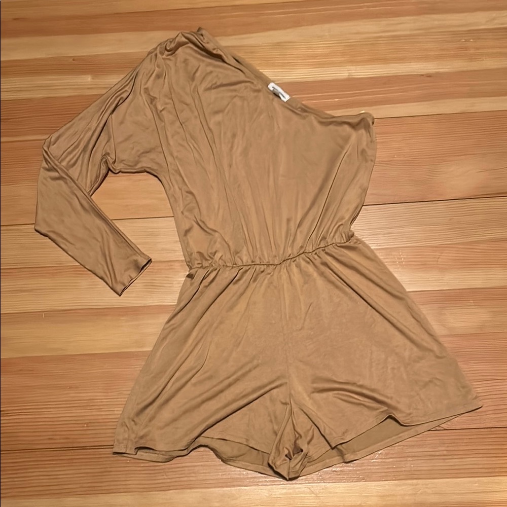 “Silence + Noise” Tan One-Shoulder Romper